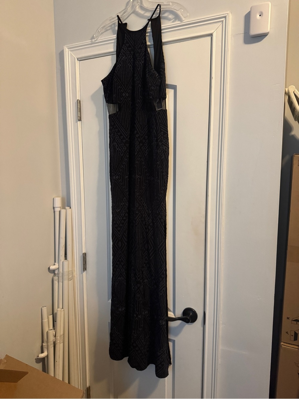 Black Halter Maxi Dress with Geometric Texture